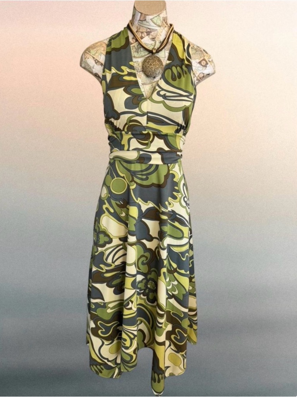 INC International Concepts Y2K Vintage Retro Print Green Midi Dress Medium